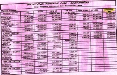 Price List with Interment Fee